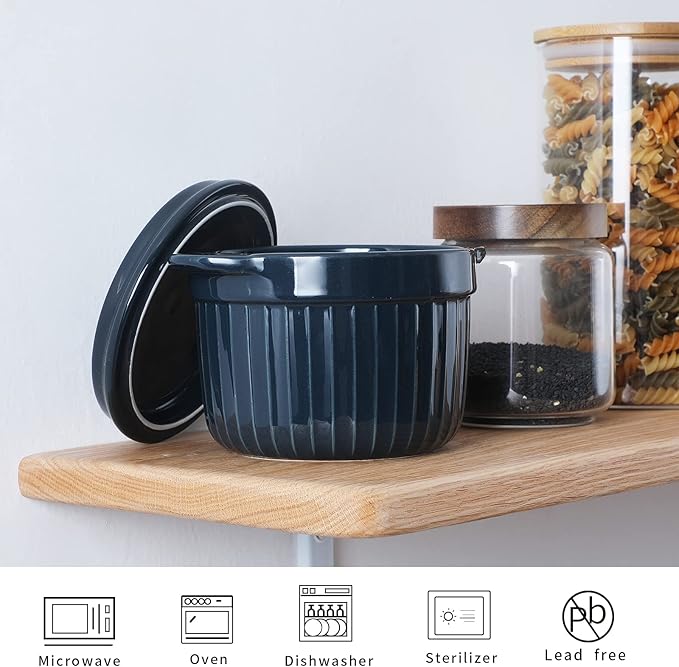 ONTUBE Ceramic Bacon Grease Container Keeper with Strainer, Frying Oil Storage Can, Navy