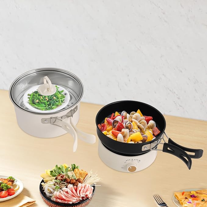 500W 1.6L Portable Electric Hot Pot with Foldable Handles, Power Adjustment Non-stick Frying Pan Mini Hot Pot Multi-Functional Ramen Noodle Cooker for Pasta, Steak (White)