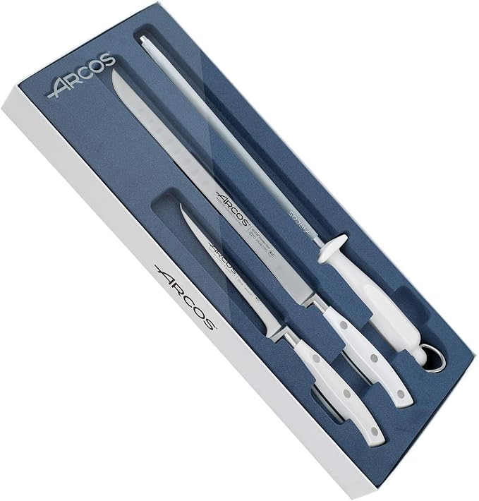 Arcos Forged 3 pieces - Nitrum Stainless Steel and mm blade.Professional Kitchen Knife for Cooking. 755 gr. Ergonomic Polyoxymethylene POM Handle. Series Riviera Blanc. Color White