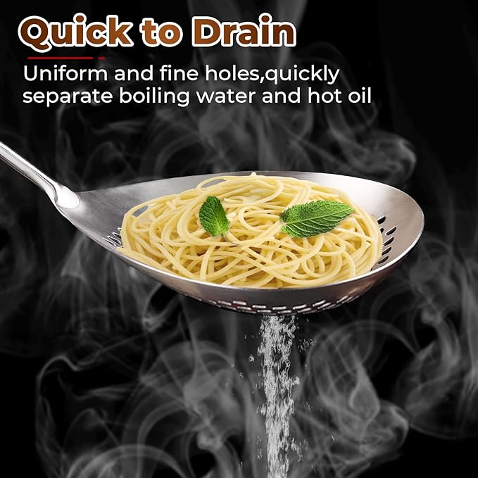 MARTE Skimmer Slotted Spoon -17in 304 Stainless Steel Pasta Spider Strainer Skimmer Ladle Spoon for Cooking and Frying - Large Kitchen Metal Scoop Colander Strainer Spoon with Black Wooden Handle