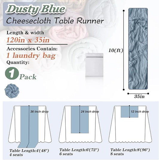 Dusty Blue Cheesecloth Table Runner 1 Pack 35" Boho Gauze Table Runner 120 inches Long Runner Rustic Sheer Fabric Bulk for Baby Shower Wedding Bridal Birthday Party Table Decorations