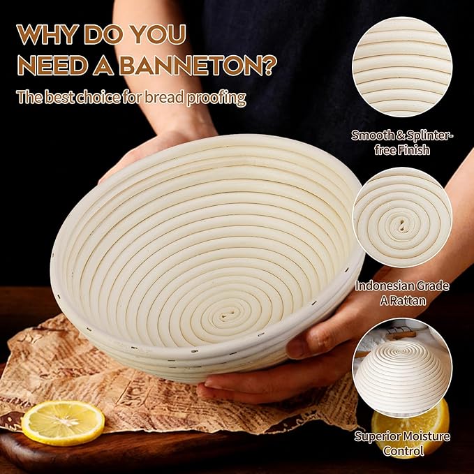 Banneton Bread Proofing Basket Banneton Basket Set Sourdough Proofing Basket Round Proofing Bowls Handmade Rattan Baskets and Liners (Round of 2 Gift Set)