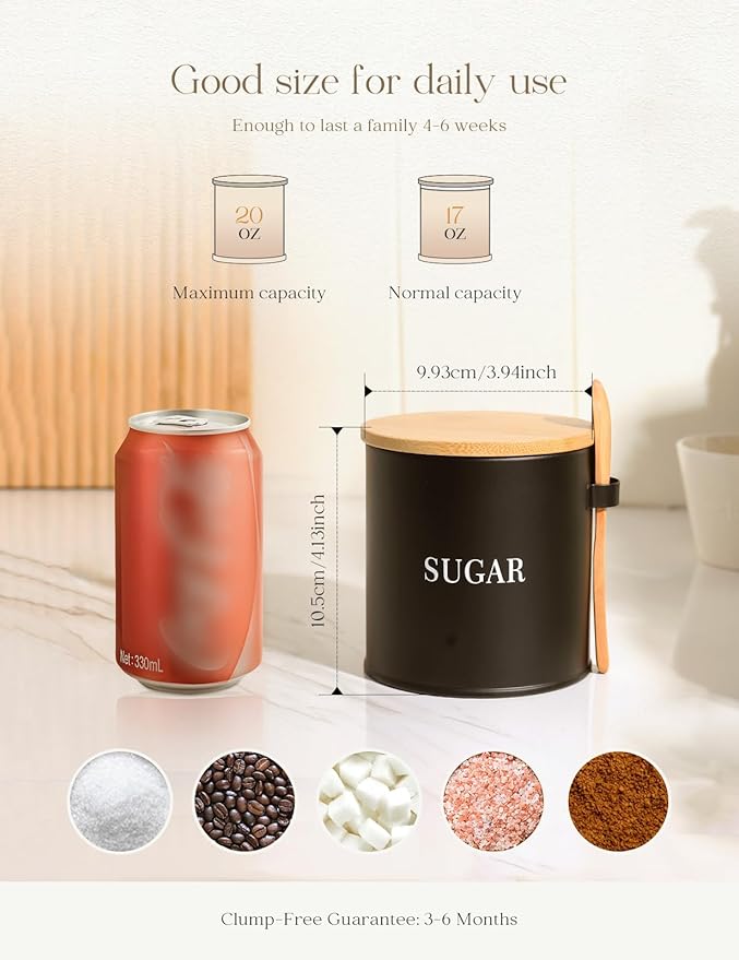 AISBUGUR Sugar Bowl with Lid and Spoon: 17oz Metal Sugar Container - Airtight Food Sugar Jar - Coffee Bar Accessories - Countertop Kitchen Decor (Black)