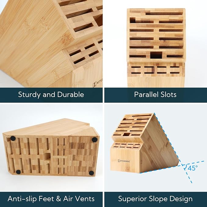 KITCHENDAO 20 Slot Bamboo Knife Block without Knives, Universal Knife Holder for Kitchen, Holding Multiple Types of Knives, Countertop Butcher Block Knife Stand for Easy Kitchen Storage
