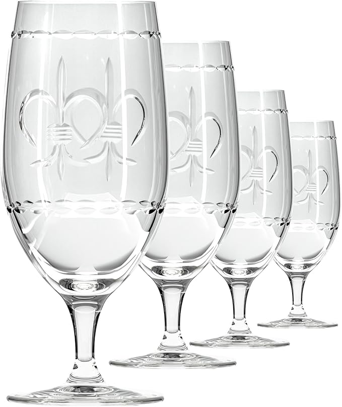 Rolf Glass Fleur De Lis Iced Tea Glass | 16oz Set of 4 Glasses | Lead-Free Diamond-Wheel Engraved Glass | Made in the USA