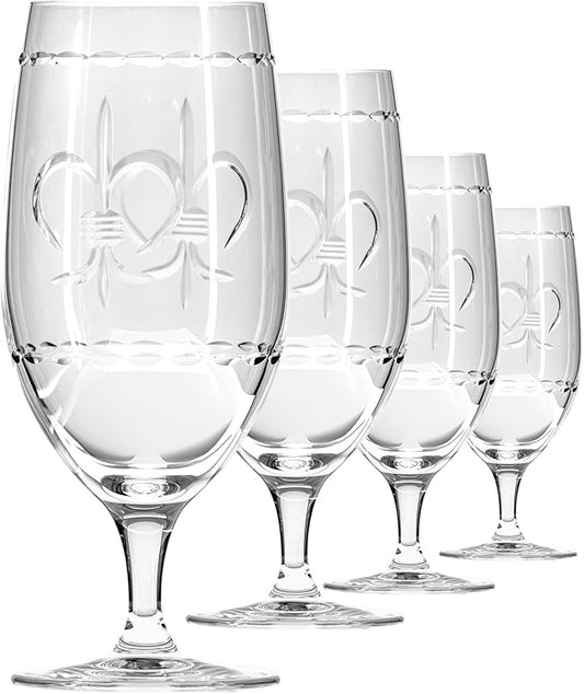 Rolf Glass Fleur De Lis Iced Tea Glass | 16oz Set of 4 Glasses | Lead-Free Diamond-Wheel Engraved Glass | Made in the USA