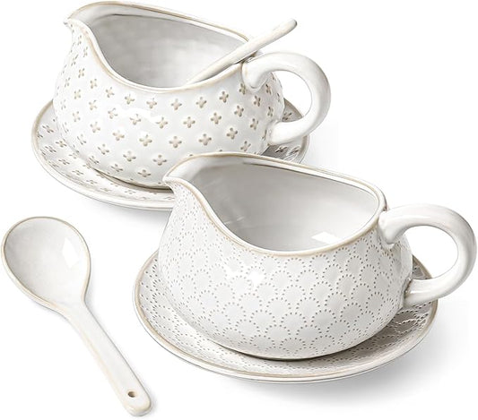 LE TAUCI Gravy Boat with Ladle and Saucer Stand 24oz, Ceramic Sauce Boat with Tray for Salad Dressings, Creamer, Broth, Black Pepper, Set of 2, Arctic White, Firework+Clover