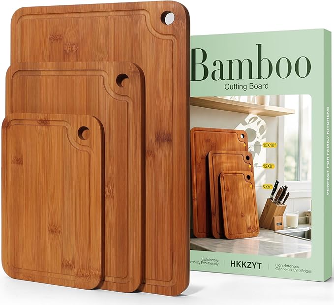 Bamboo Cutting Boards for Kitchen Set of 3, Wooden Cutting Board Non Toxic with Side Handle, HKKZYT Wood Chopping Board with Deep Juice Groove, Knife-Friendly, Kitchen Gift (Dark Color)