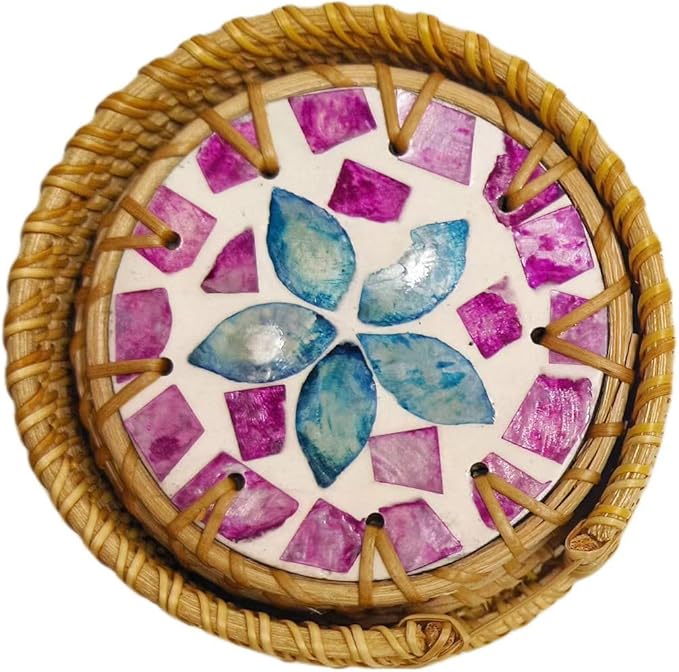 A Set of 6 Beverage Coasters, Rattan/Colorful Shell/Coffee&Tea Cup/Handmade Woven Coasters for Various Cups, Desktop Protection, Special Home Gifts