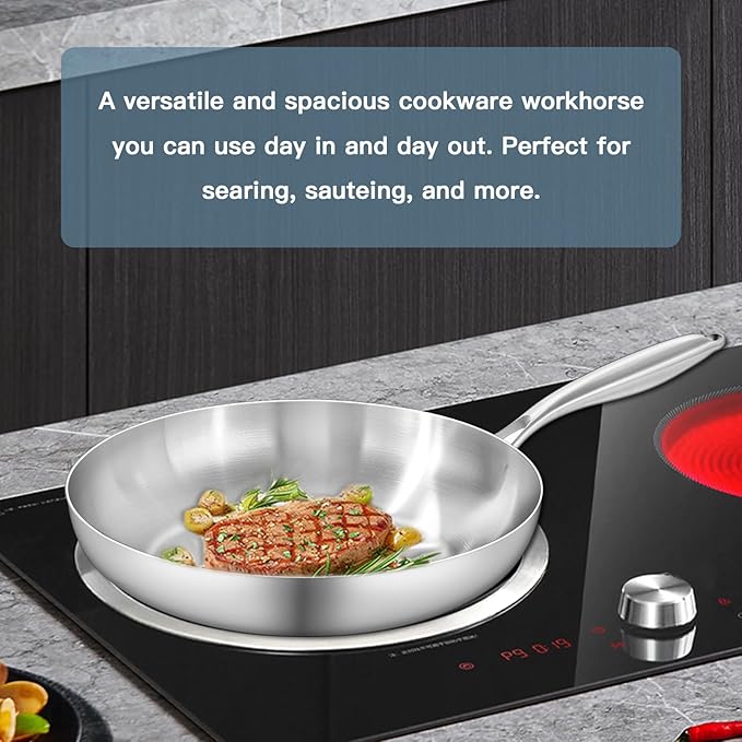 12" Stainless Steel Frying pan, 3-Ply Stainless Steel Pan, Induction, Oven Broiler Safe 600F Skillet, Professional Cookware, Silver，Suitable for All Stove (Detachable Handle)