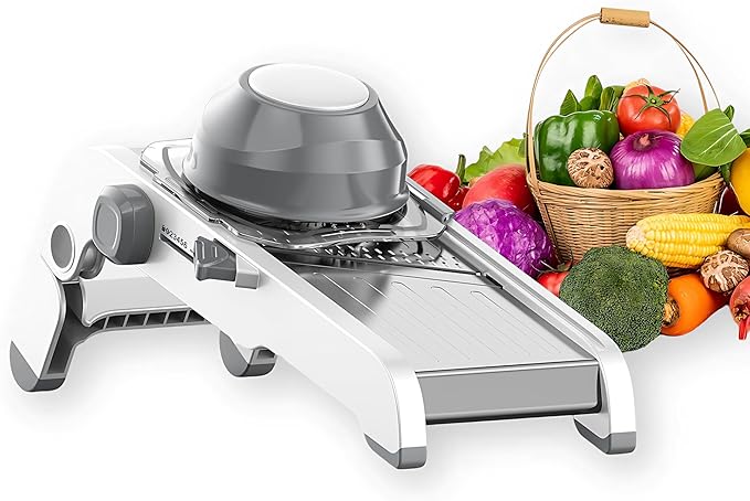 Large Mandoline Slicer for Kitchen - Professional Stainless Steel Onion Slicer & Cabbage Shredder, Integrated 2-in-1 Blade for Waffle & Smooth Cuts, Safety Hand Guard Included (Gray)