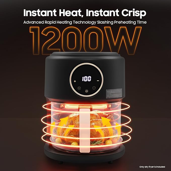 4.4 Quart Air Fryer, 1200W Glass Air Fryer with 8-1 Preset Cook Modes, 360° Viewable Halogen Oven Countertop, Precise Temp Control & Time, Cook Shrimp, Steak, Fries, Wings, Chicken (Black)