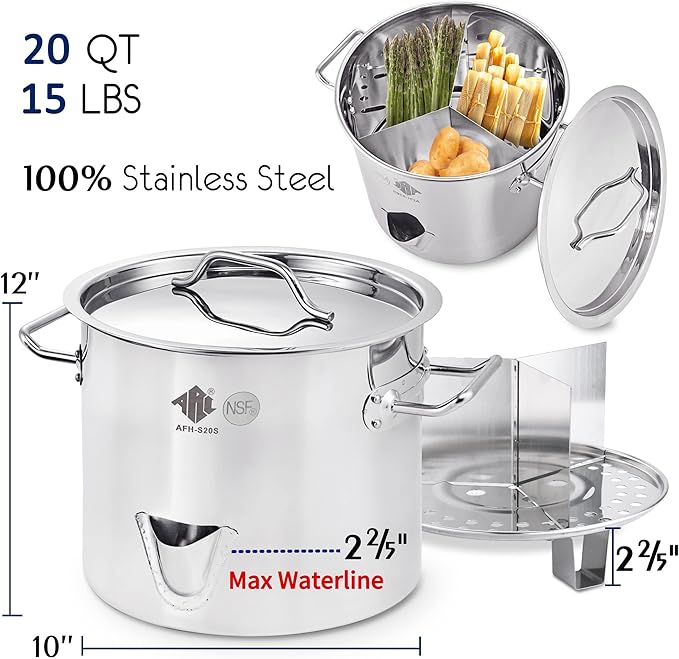 ARC 20QT Stainless Steel Tamale Steamer Pot w/Easy-fill Water Spout, Seafood Crab Steam with Divider and Steamer Rack, 5 Gallon