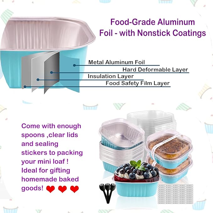 BZIDII 10oz Mini Cake Pans With Lids 50 Pack Aluminum Foil Square Brownie Baking Cups,4”x4” Disposable Loaf Pans With Lids and Spoons Stickers,Large Cupcake Pans Muffin Cake Tins Cake Container(Blue)
