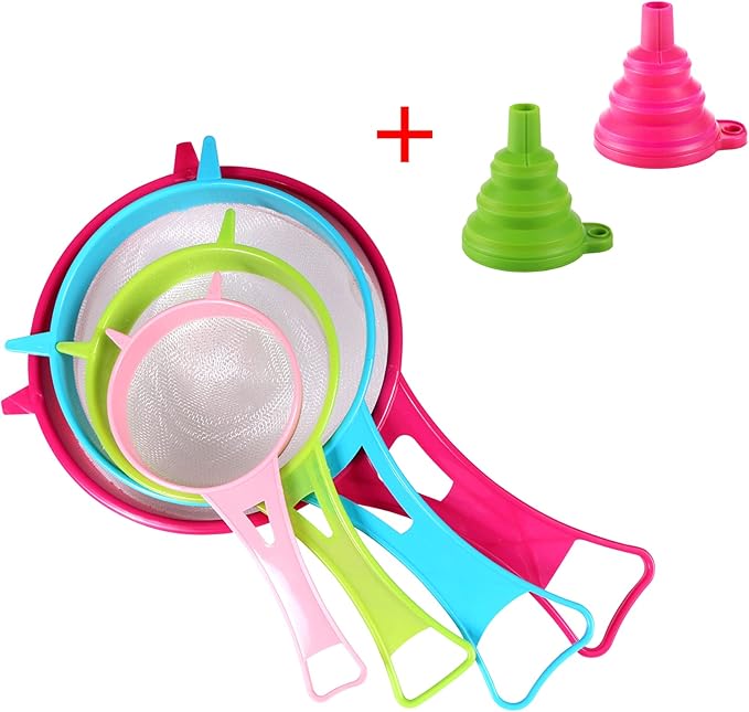 BENBO 4Pcs Plastic Mesh Strainer Colander Set, Food Soy Milk Flour Sieve Long Handle Icing Sugar Sifters Fine Strainer Tea Filter and 2 Pcs Silicone Foldable Funnel for Kitchen