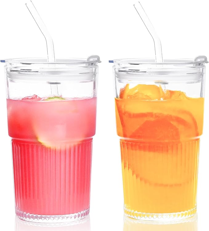 Ribbed 16oz Glass Cups with Lids and Straws Ribbed Drinking Glasses Cup Leak Proof Iced Coffee Glass Tumbler Set of 2 for Soda Smoothie Juice