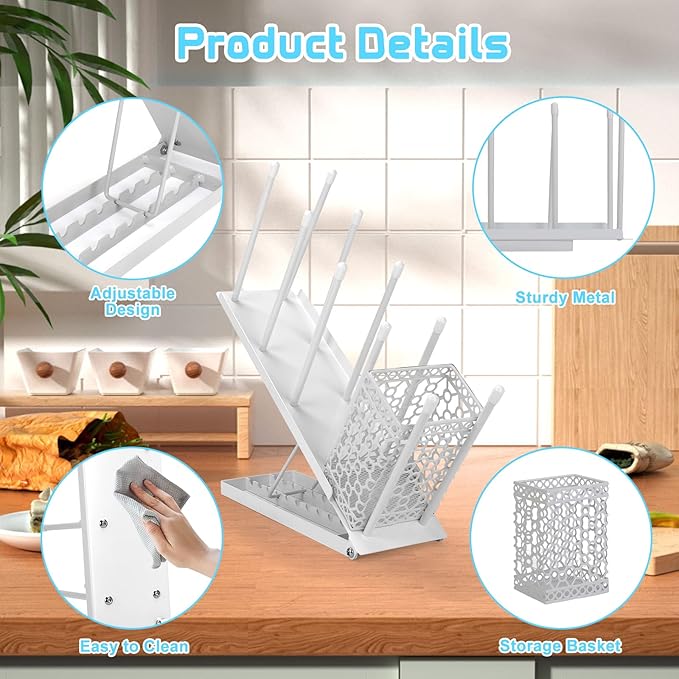 Coffee Cup Holder, Adjustable Cup Dispenser Lid Organizer Rack, 4 Compartment Disposable Paper Plastic Cup and Lid Dispenser with Straw Storage Basket for Coffee Bar Station Breakroom Countertop White