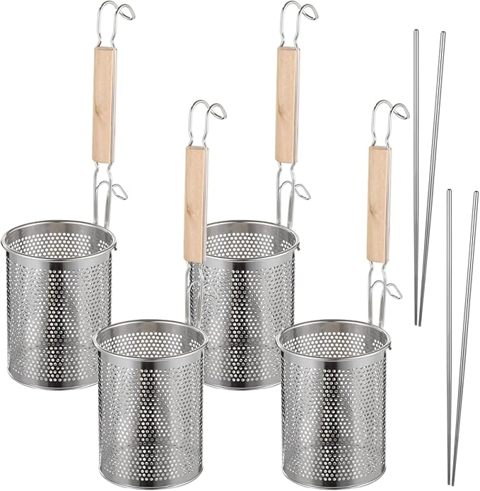 4 Pcs Pasta Strainer Set with 2 Pairs of Chopsticks, Stainless Steel Noodle Strainer, Wooden Handle Strainer, Fine Mesh Food Skimmer for Pasta, Noodle, Dumpling