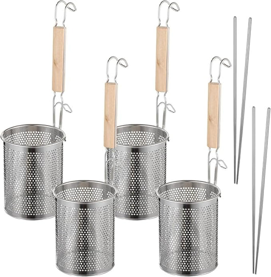 4 Pcs Pasta Strainer Set with 2 Pairs of Chopsticks, Stainless Steel Noodle Strainer, Wooden Handle Strainer, Fine Mesh Food Skimmer for Pasta, Noodle, Dumpling