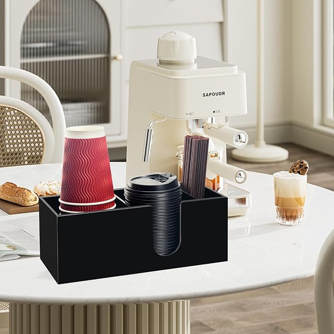 Coffee Bar Accessories and Organizer, Disposable Cup Holder for Countertop, Black Acrylic Storage and Organization for Cup Lid Stirrers Pod, Farmhouse Table Décor