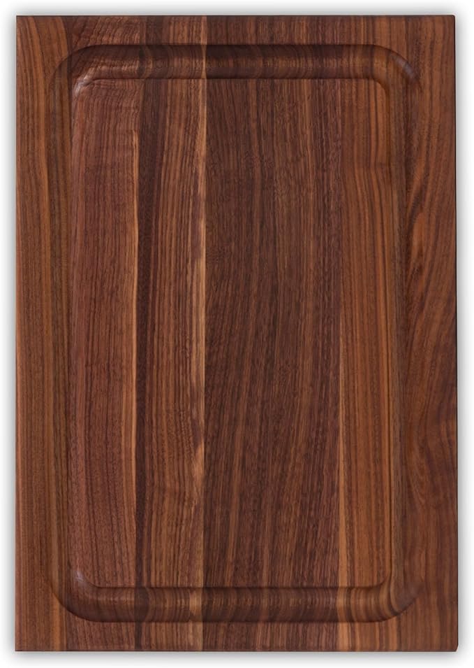 John Boos BBQ Series Rectangular Wooden Walnut Cutting Board 18”x12” – 1.5” Thick, 7-lb Reversible Butcher Block with Juice Groove, Edge-Grain & Finger Grips– Made in the USA