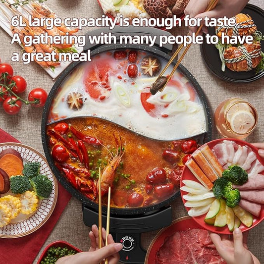 AORAN 6L Electric Hot Pot, Non-Stick Smokeless Cooking Pot with Divider for Hot Pot, Fondue, Shabu Shabu, Multi-Function, Includes Ladle, Tongs, Oil Brush, Food Tongs, Easy to Clean Black