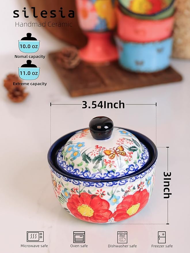 silesia Handmade Sugar Bowl with Lid and Spoon, 10 Ounce Ceramic Hand-Painted Sugar Jar for Kitchen in Gift Box, Kitchen Decor, Oven, Dishwasher & Microwave Safe, Flowers Red