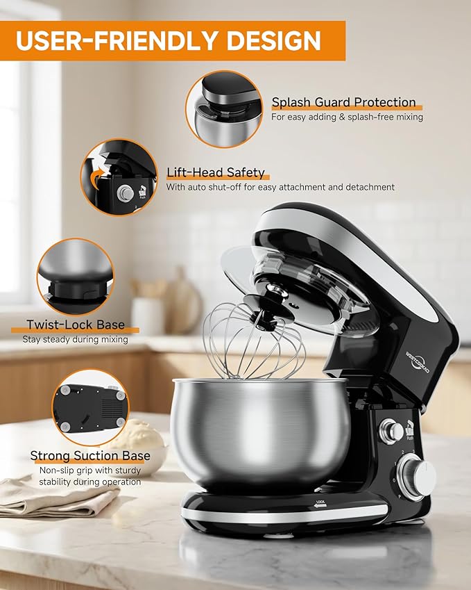 Stand Mixer, 3.4QT Tilt-Head Small Stand Mixers, 6+P Speed Kitchen Mixer for Daily Use with Egg Whisk, Dough Hook, Flat Beater, Bread Dough Mixer for Baking (Black)