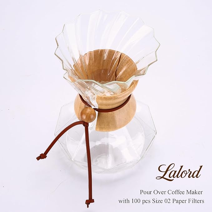 Lalord Pour Over Coffee Maker, 19 oz Borosilicate Glass Coffee Carafe with 100 PCS V60 Paper Filter, Wooden Collar & Cowhide rope, Glass Coffee dripper (Clear, 550 ml)