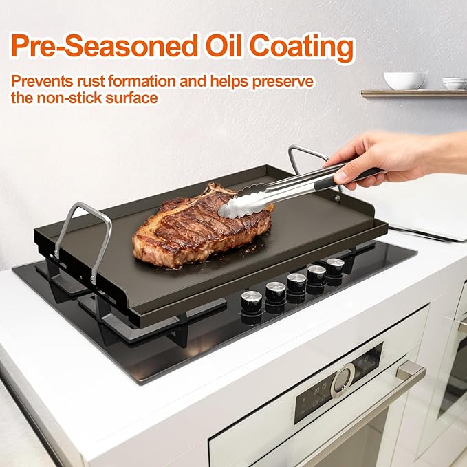 17" x 13" Cast Iron Griddle for Gas Grill, Universal Flat Top with Pre-Seasoned Nonstick Coating, Grease Groove and High Sidewalls, Griddle Plate Insert for Camping, Tailgating and Parties