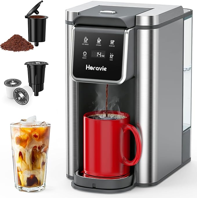 Single Serve Coffee Maker for K-Cup Pod and Grounds, Hot and Iced Coffee Maker, 6 to 14oz Brew Sizes, Strong Button Feature, 50oz Removable Reservoir, Up to 6.5 Inch Cup, Stainless Steel, Grey