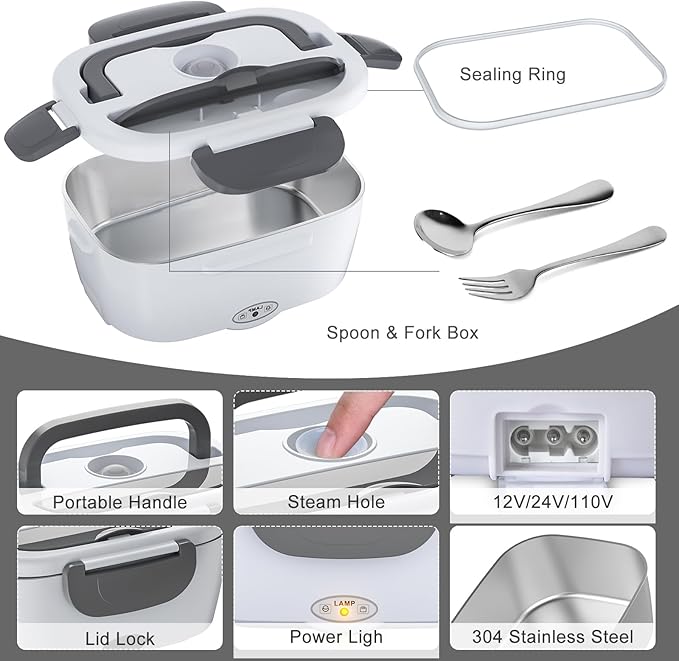 Electric Lunch Box Food Heater - 3 in 1 Portable Leakproof Heated Lunch Box for Car/Home/Adults with 1.5L Removable 304 Stainless Steel Container, 60-80W, 12V/24V/110V (White)