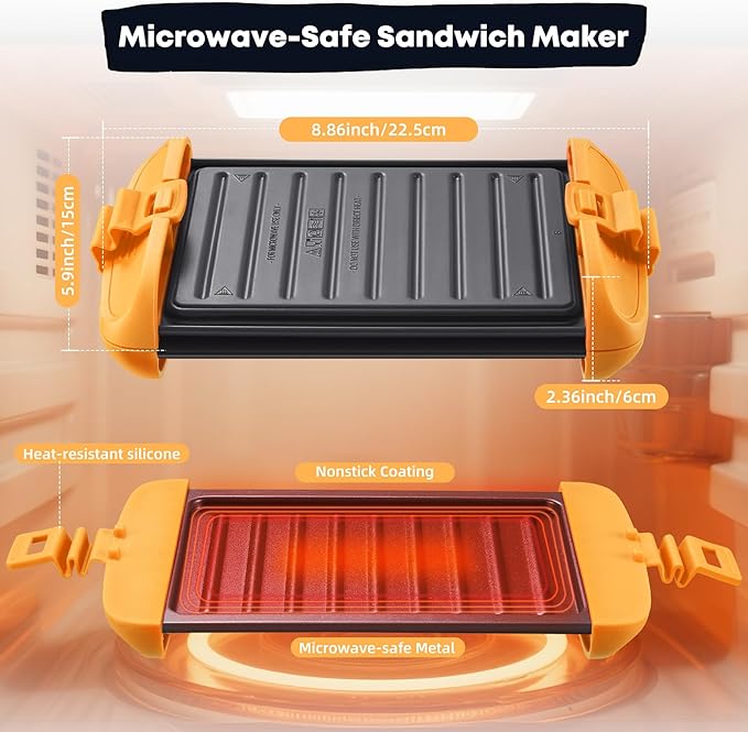 Microwave Sandwich Maker, Microwave Toastie Maker, Snack Maker & Panini Press, Microwavable Metal, Removable Non-Stick Plates Silicone Microwavable Cookware, Dishwasher Safe, Orange