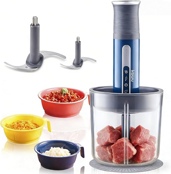 Kawu Electric Meat Grinder, Portable Food Vegetable Chopper with 1 Glass Bowl & Small Bowls, USB Rechargeable Mini Food Processor with Stainless Steel Blades, Meat Chopper Cutter for Home and Kitchen
