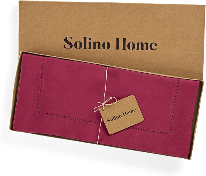 Solino Home Linen Beet Table Runner 120 Inches Long - 100% Pure Linen Hemstitch 14 x 120 Inch Table Runner for Dining, Easter, Winter, Valentines - Classic Hemstitch