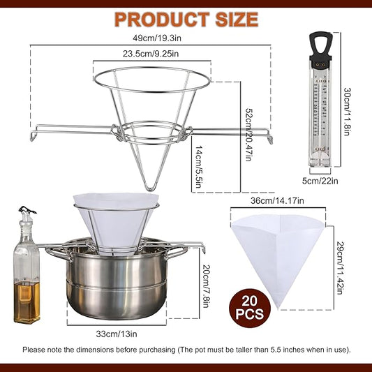 Maple Syrup Cone Filter Holder Stand with Thermometer, Stainless Steel Filter Strainer with 20pcs Cone Filter Paper & Folding Arms for Maple Syrup Making and Filtration of Cooking Oil, Kitchen