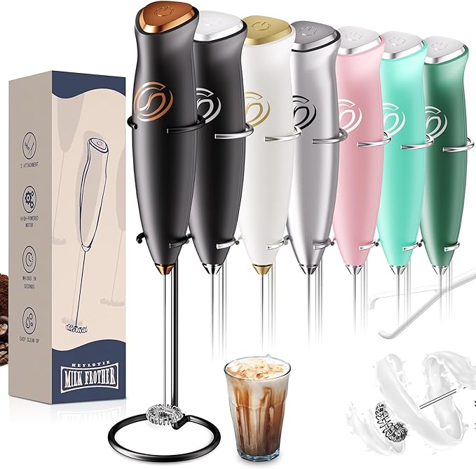 Heylotie Milk Frother With Stand Milk Frother Wand Coffee Frother Handheld Drink Mixer Handheld with 2 Whisks Electric Whisk Stirrers Electric Frother for Coffee Mixer Wand Milk Foamer-Black/Copper