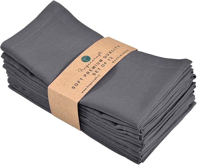FINGERCRAFT Cloth Napkins, Cotton Linen Mitered Corner Soft Durable Washable Eco-Friendly Napkins Cloth 12 Pack, 18x18 inch Premium Quality for Home Hotel Parties Christmas Wedding Dinner Charcoal