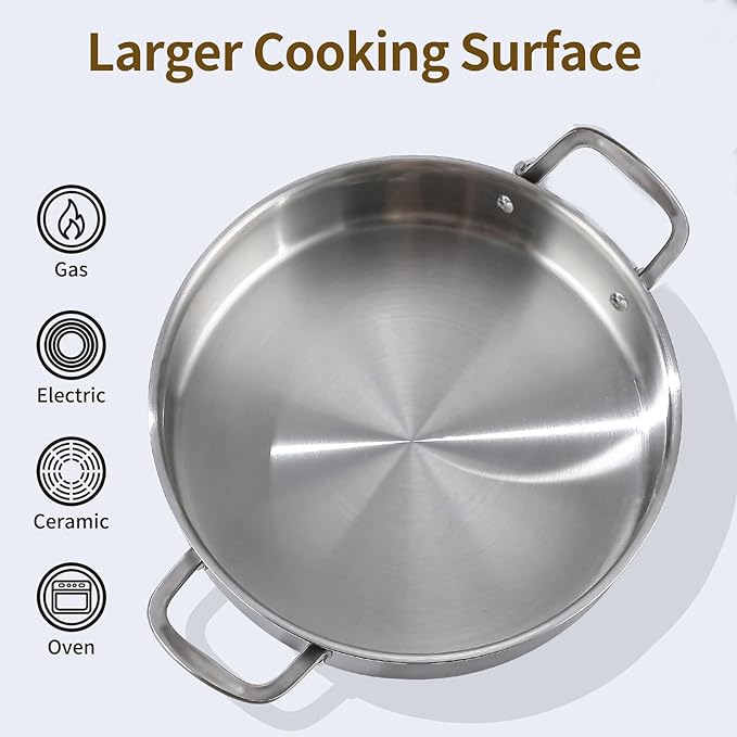 DELARLO Tri-Ply Stainless Steel 5 Quart Braiser Pan with Lid Induction Rondeau Pot With Lid 12inch Deep Frying Pan Large Saute Pan Heavy Duty Style Compatible With All Cooktops Up to 650℉