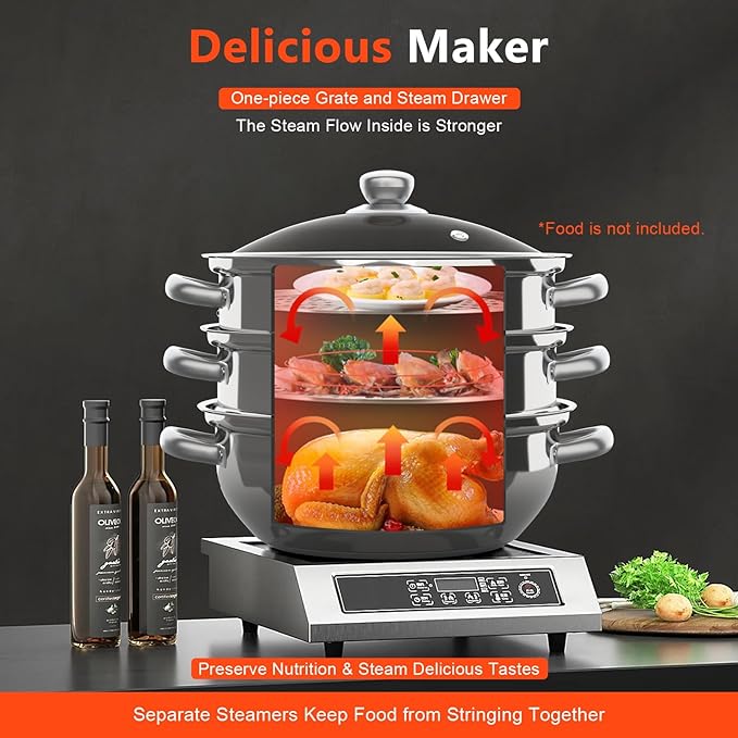 3-Tier Stainless Steel Steamer Pot 28cm Meat Vegetable Cooking Kitchen Steamer Cooker Multi-Layer Food Cookware with Handle for Gas Electric Stove Dumpling Stock Sauce