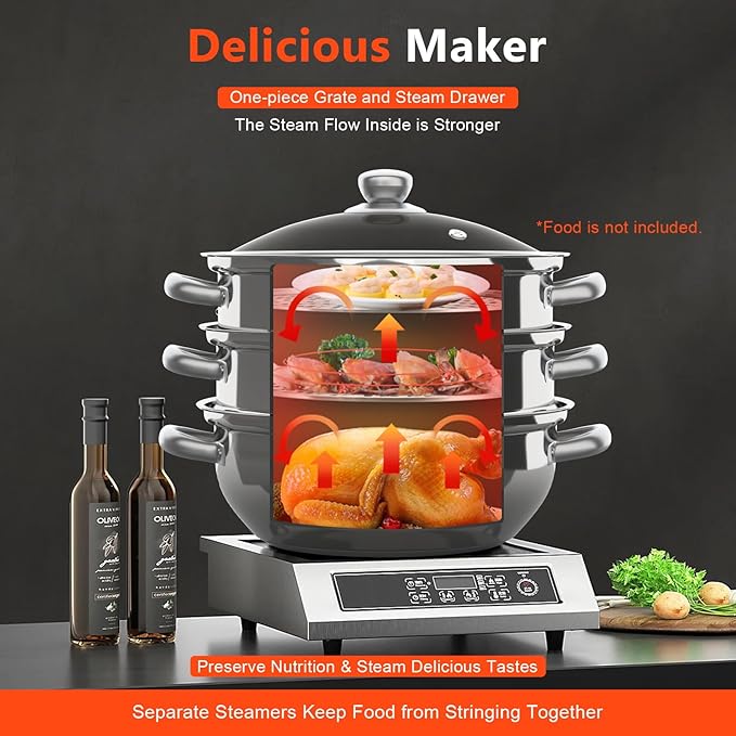 3-Tier Stainless Steel Steamer Pot, Large Capacity Food Steamer for Stove, Multi-Layer Stackable Cooking Steam Pot Kitchen Cookware with Glass Lid for Induction/Gas/Electric Stoves (12.8 Inch)
