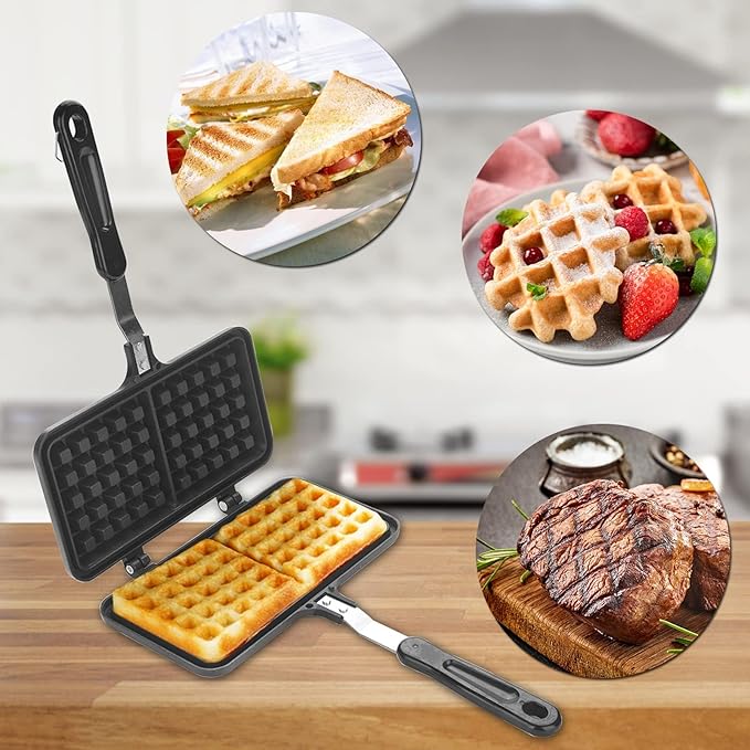 Agatige Stovetop Waffle Maker, Portable Aluminum Dual Head Nonstick Cast Iron Belgian Waffle Maker for Panini Sandwich Toaster Breakfast Snacks Cooking Baking Tool, 13.19x8.46in