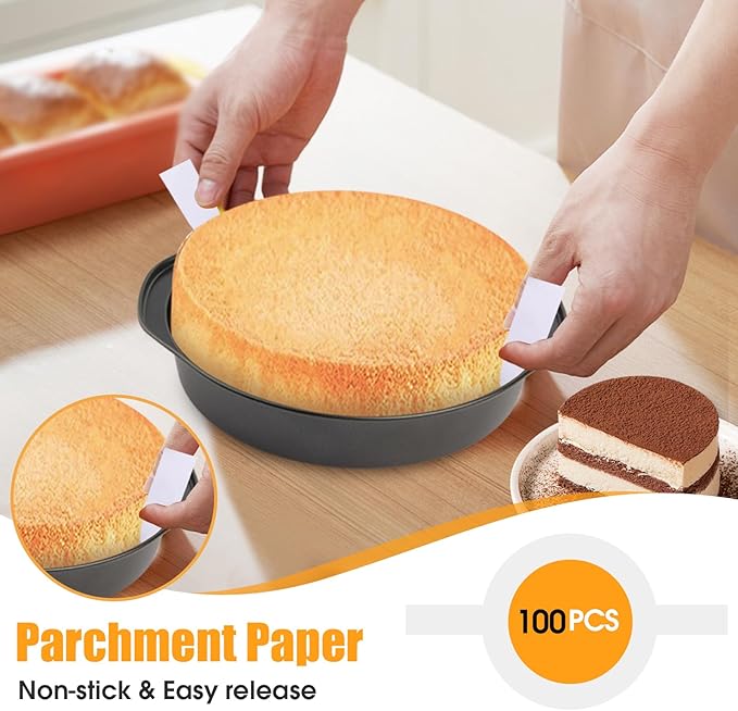 tutikuki 8" Round Cake Pan, 3PCS Nonstick Cake Pans with 100 PCS Parchment Paper, Carbon Steel Cake Baking Pans with Handle, Dishwasher Safe