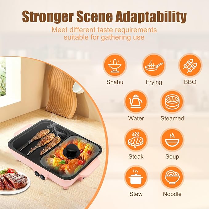 2 in 1 Electric Hot Pot with Grill, Non-Stick Electric Hot Pot and Frying Pan Fast Heating Baking Pan Multifunctional Nonstick Griddle for BBQ, Steaks, Noodles & More