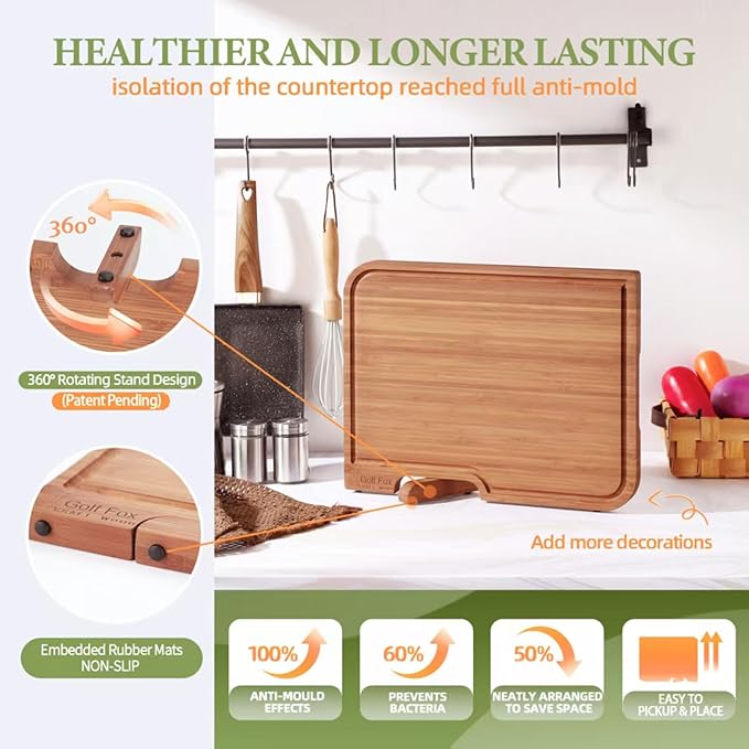 XL Bamboo Cutting Board with Innovative Stand - Durable Double Sided Chopping Board with Juice Groove & Handle for Meal Prep, Meat, Fruit, Charcuterie Serving, Eco-Friendly Healthy Kitchen Gift