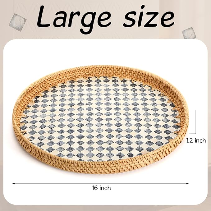 16 inch Round Rattan Tray with Mother of Pearl Inlay Wicker Serving Tray with Wooden Base Boho Decorative Wicker Basket for Table Decor Bathroom Candle Perfume(Black Checkerboard)