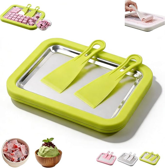 At-Home Rolled Ice Cream Maker Kit, Instant Freeze Plate and 2 Scrapers, DIY Stainless Steel Homemade Iced Tray, Stainless Steel Ice Cream Makers Tray for Fun Freezer Desserts (Green)