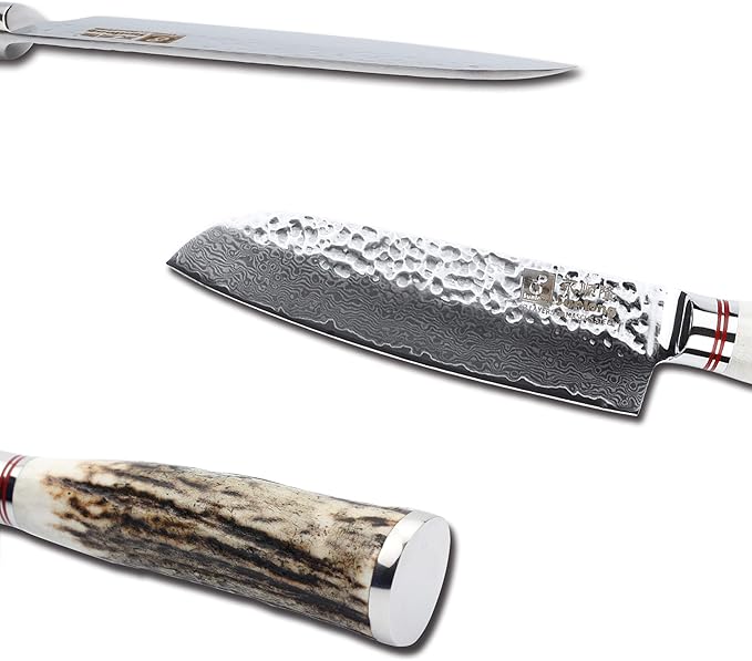 SUNLONG Santoku Knives 5 inch Japanese Hammered Damascus Natural Antlers Handle