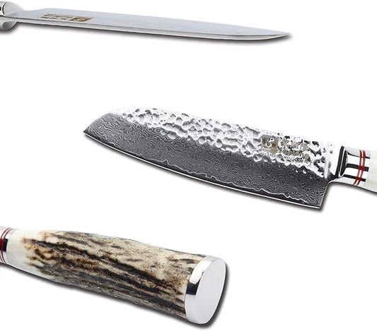 SUNLONG Santoku Knives 5 inch Japanese Hammered Damascus Natural Antlers Handle
