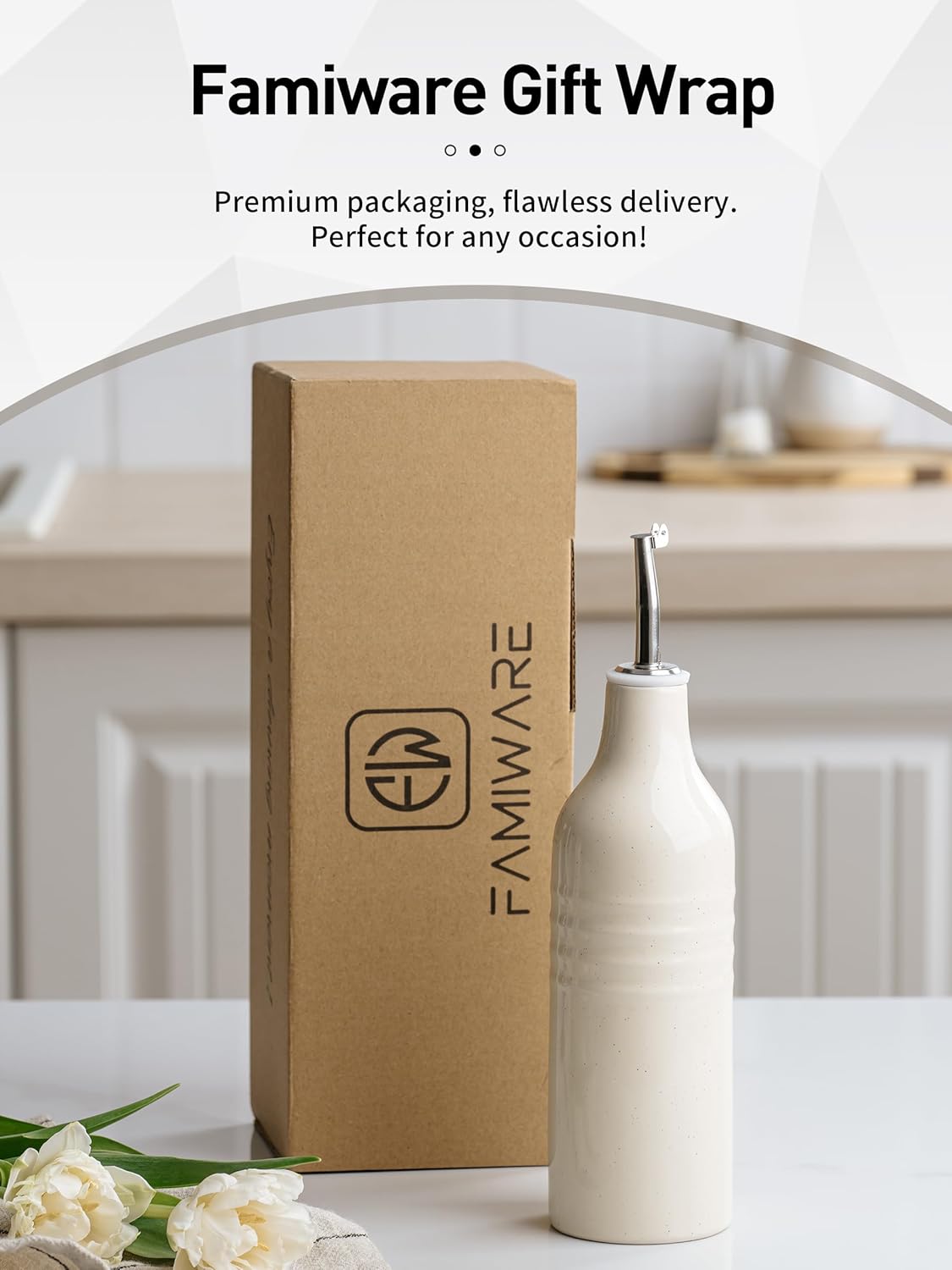 amiware Jupiter 16oz Ceramic Olive Oil Dispenser Bottle, Olive Oil and Vinegar Dispenser Bottle Set of 2 with Stainless Steel Pourers, Suitable for Storage Vinegar, Vanilla White & Light Pink